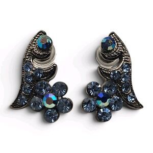 Aurora Borealis Crystal Flower Post Earrings Dark Tone T